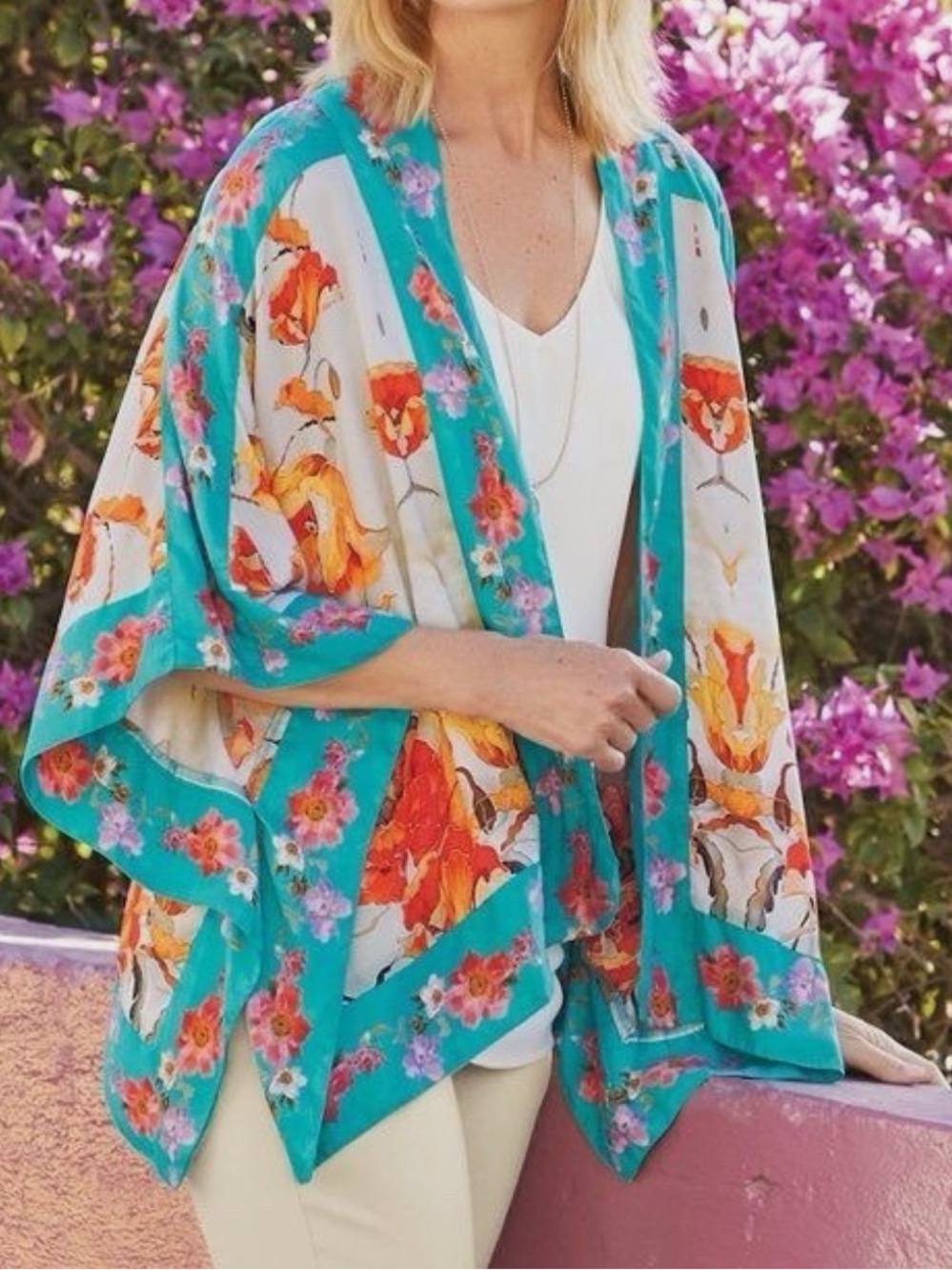Soft Surroundings Firenze Topper Floral Kimono Cover Up Size L XL Blue Coral